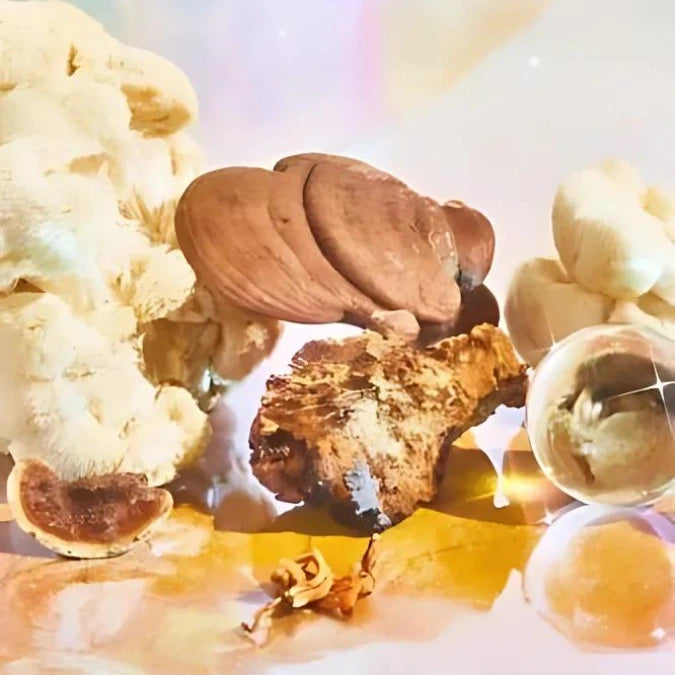 An arrangement of various mushrooms, including white and brown varieties, surrounded by a reflective glass orb on a soft, pastel-colored background. The scene is brightly lit, giving a dreamy and artistic feel.